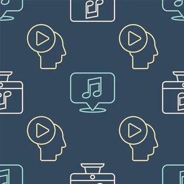 Set line Computer with music note, Head people with play button and Musical note Ilustración de archivo