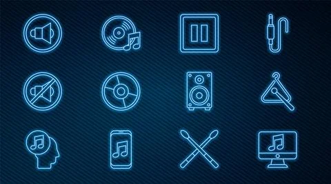 Set line Computer with music note, Triangle musical instrument, Pause button, CD Stock Illustration