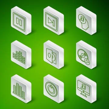 Set line Computer with music note, Power button, Pause, Vinyl player vinyl disk Illustrazione stock