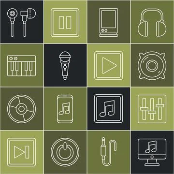 Set line Computer with music note, Sound mixer controller, Stereo speaker, Voice 스톡 일러스트