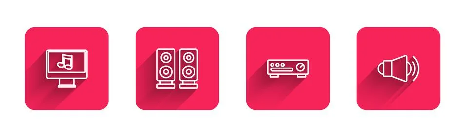 Set line Computer with music note, Stereo speaker, Sound mixer controller and Stock Illustration