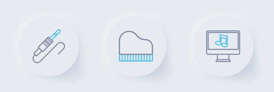 Set line Computer with music note, Grand piano and Audio jack icon. Vector Stock Illustration