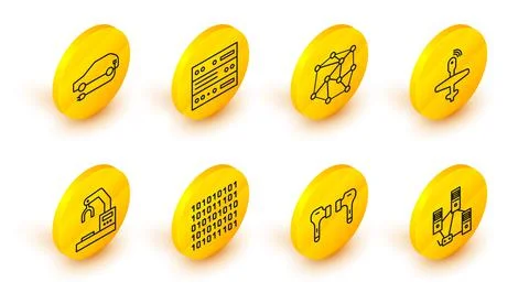 Set line Computer network, Air headphones, Binary code, Robotic robot arm hand Stock Illustration