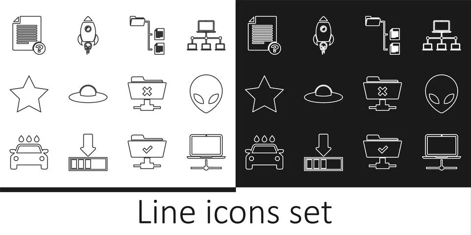 Set line Computer network, Alien, Folder tree, UFO flying spaceship, Star 스톡 일러스트