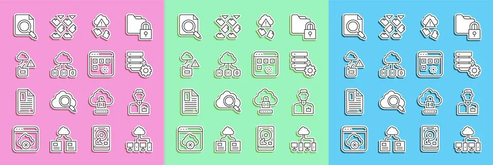 Set line Computer network, Analyst engineer, Server and gear, Cloud hacking.. Illustrazione stock