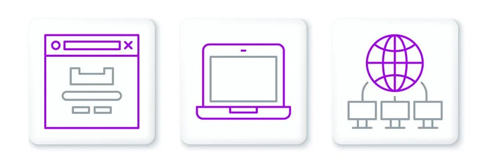 Set line Computer network, Browser window and Laptop icon. Vector Illustrazione stock