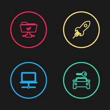 Set line Computer network, Car rental, Rocket ship with fire and FTP operation Stock Illustration
