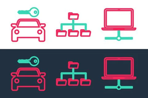 Set line Computer network, Car rental and Folder tree icon. Vector Stock Illustration