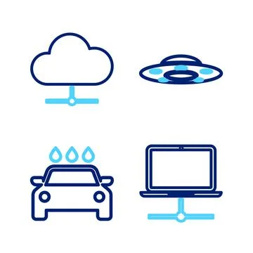 Set line Computer network, Car wash, UFO flying spaceship and Network cloud c Stock Illustration
