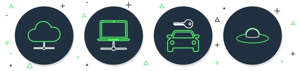 Set line Computer network, Car rental, Network cloud connection and UFO fly.. Stock Illustration