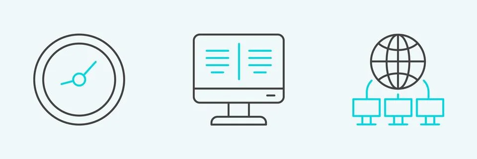 Set line Computer network, Clock and Online book on monitor icon. Vector Stock Illustration