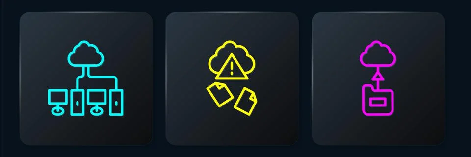 Set line Computer network, Cloud technology data transfer and hacking. Black Illustrazione stock