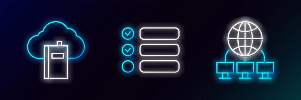 Set line Computer network, Cloud online library and Task list icon. Glowing.. イラスト素材