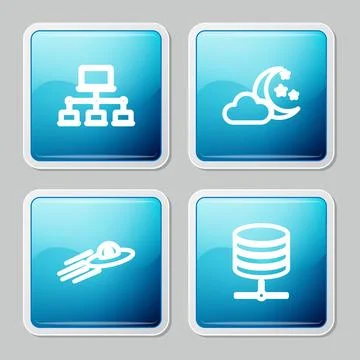 Set line Computer network, Cloud with moon and stars, UFO flying spaceship al Stock-Illustration