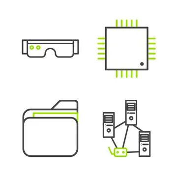 Set line Computer network, Document folder, Processor with microcircuits CPU and Stock Illustration
