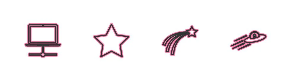 Set line Computer network, Falling star, Star and UFO flying spaceship and alien Illustrazione stock