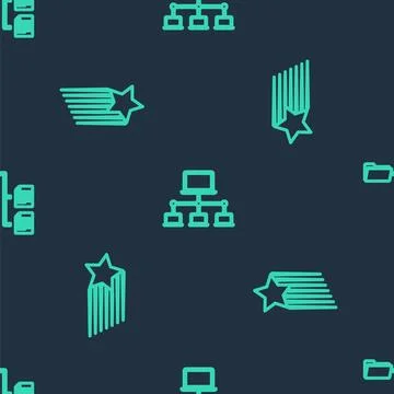 Set line Computer network, Falling star and Folder tree on seamless pattern 스톡 일러스트