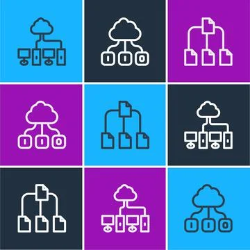 Set line Computer network, Folder tree and Cloud technology data transfer icon Stockillustratie