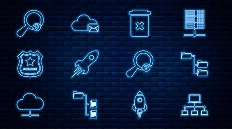 Set line Computer network, Folder tree, Trash can, Rocket ship with fire, P.. Stock Illustration