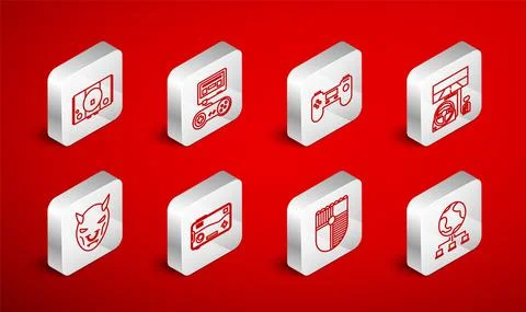 Set line Computer network, Game console with joystick, Gamepad, Racing simulator Stock Illustration