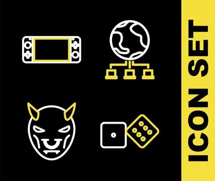 Set line Computer network, Game dice, Mask of the devil with horns and Port.. 스톡 일러스트