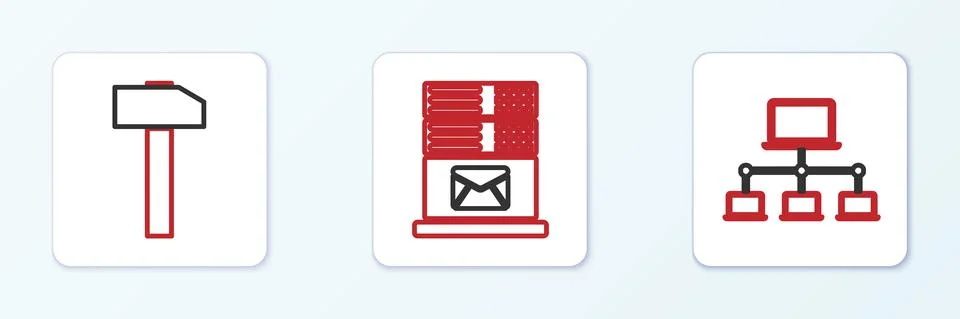 Set line Computer network, Hammer and Mail server icon. Vector Stockillustratie