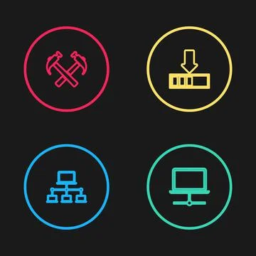 Set line Computer network, , Loading and Two crossed hammers icon. Vector Illustrazione stock