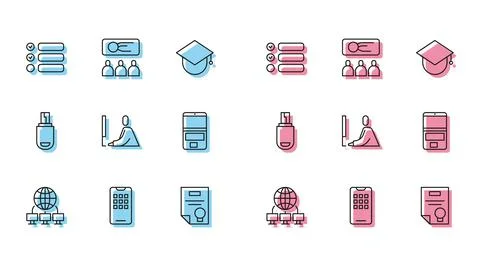 Set line Computer network, Mobile phone, Task list, Certificate template Stock Illustration