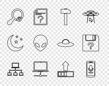 Set line Computer network, Mobile recording, Hammer, Search location, Alien.. Stockillustratie