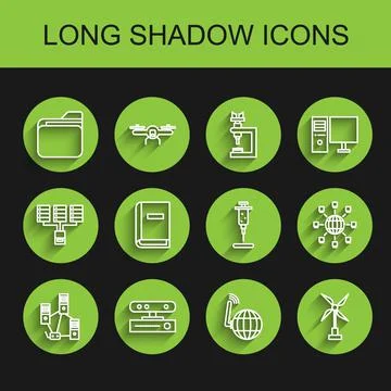 Set line Computer network, Motion sensor, Document folder, Social, Wind turbine Stock Illustration