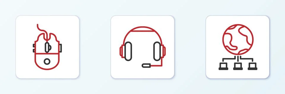 Set line Computer network, mouse gaming and Headphones icon. Vector Stock Illustration