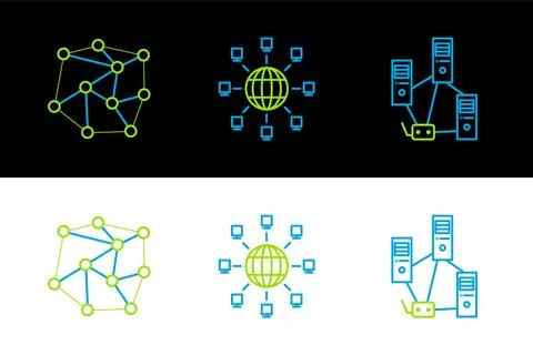 Set line Computer network, Neural and Social icon. Vector Stock Illustration