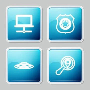 Set line Computer network, Police badge, UFO flying spaceship and Search loca Stock Illustration