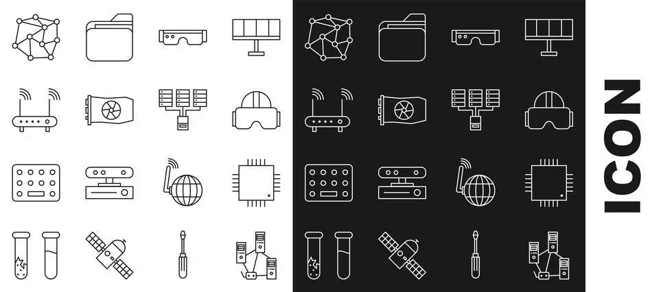 Set line Computer network, Processor with microcircuits CPU, Virtual realit.. Stock Illustration