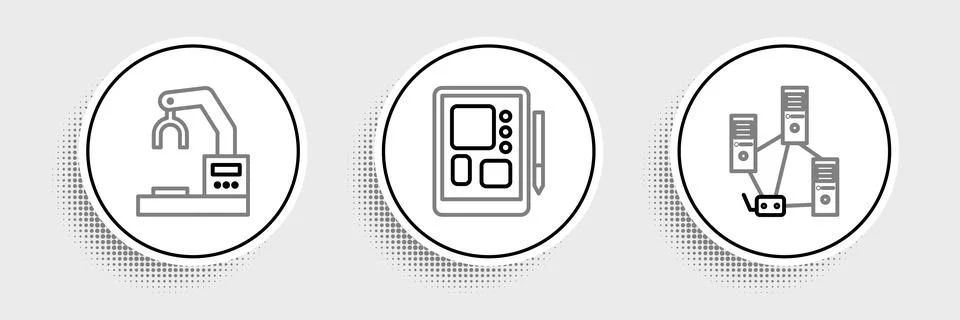 Set line Computer network, Robotic robot arm hand factory and Graphic table.. 스톡 일러스트