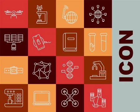 Set line Computer network, Robotic robot arm hand factory, Test tube flask,.. Illustrazione stock