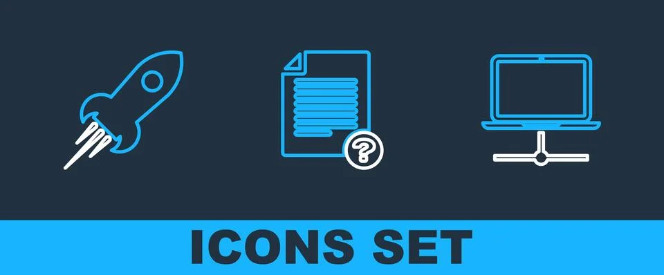 Set line Computer network, Rocket ship with fire and Unknown document icon... Illustrazione stock