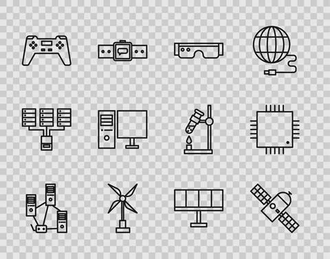Set line Computer network, Satellite, Smart glasses, Wind turbine, Gamepad Stock Illustration