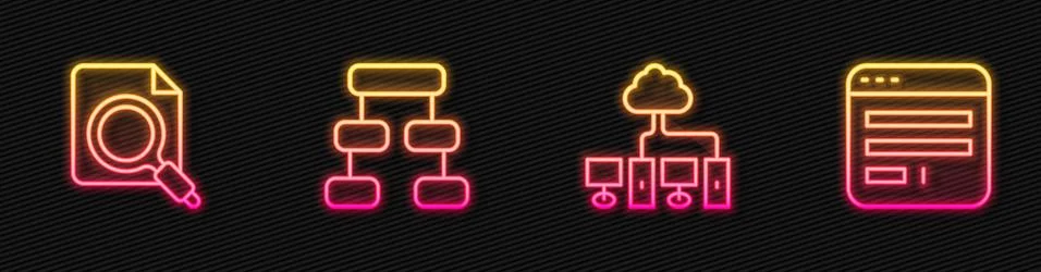 Set line Computer network, Search concept with folder, Hierarchy organogram Stock Illustration
