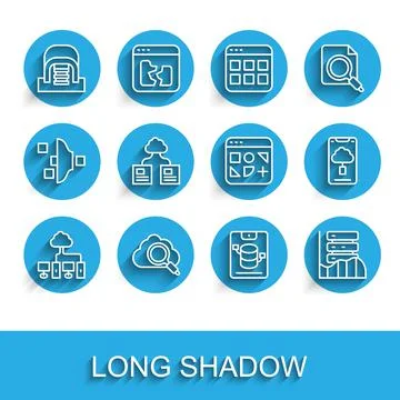 Set line Computer network, Search cloud computing, Hangar with servers, Server Illustrazione stock