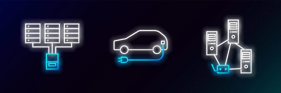 Set line Computer network, Server, Data, Web Hosting and Electric car icon. G Illustrazione stock