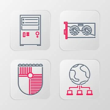Set line Computer network, Shield for game, Video graphic card and icon. Vector Stockillustratie