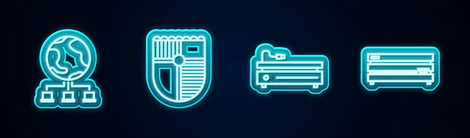 Set line Computer network, Shield for game, Video console and . Glowing neon  스톡 일러스트