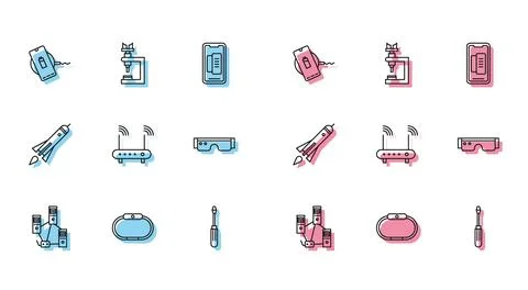 Set line Computer network, Smartwatch, Wireless charger, Screwdriver, Route.. Stock Illustration