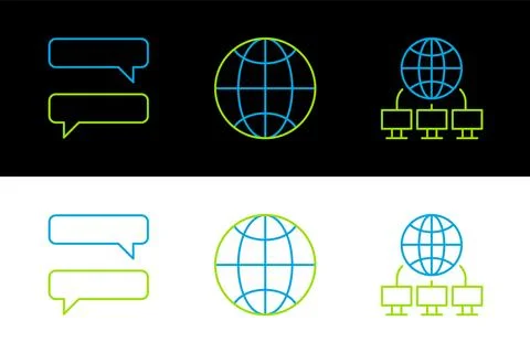 Set line Computer network, Speech bubble chat and Social icon. Vector Stock Illustration