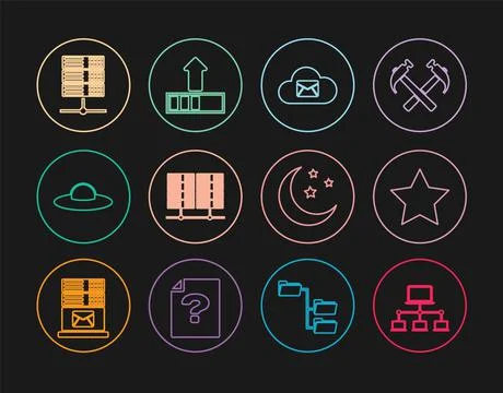 Set line Computer network, Star, Cloud mail server, Server, Data, Web Hosting Stock Illustration
