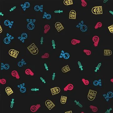 Set line Computer network, Sword for game, CD DVD disk in box and Coin on sea Stock Illustration