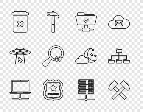 Set line Computer network, Two crossed hammers, FTP operation successful, Police 스톡 일러스트