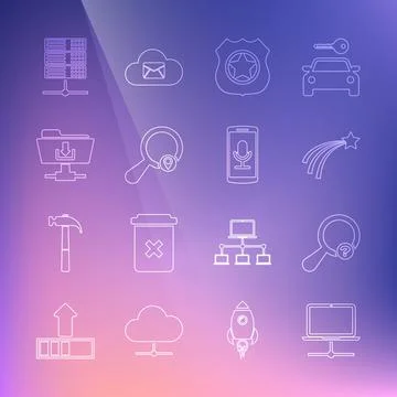 Set line Computer network, Unknown search, Falling star, Police badge, Search Illustrazione stock
