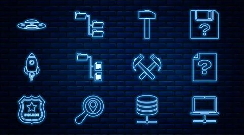 Set line Computer network, Unknown document, Hammer, Folder tree, Rocket ship Stock Illustration